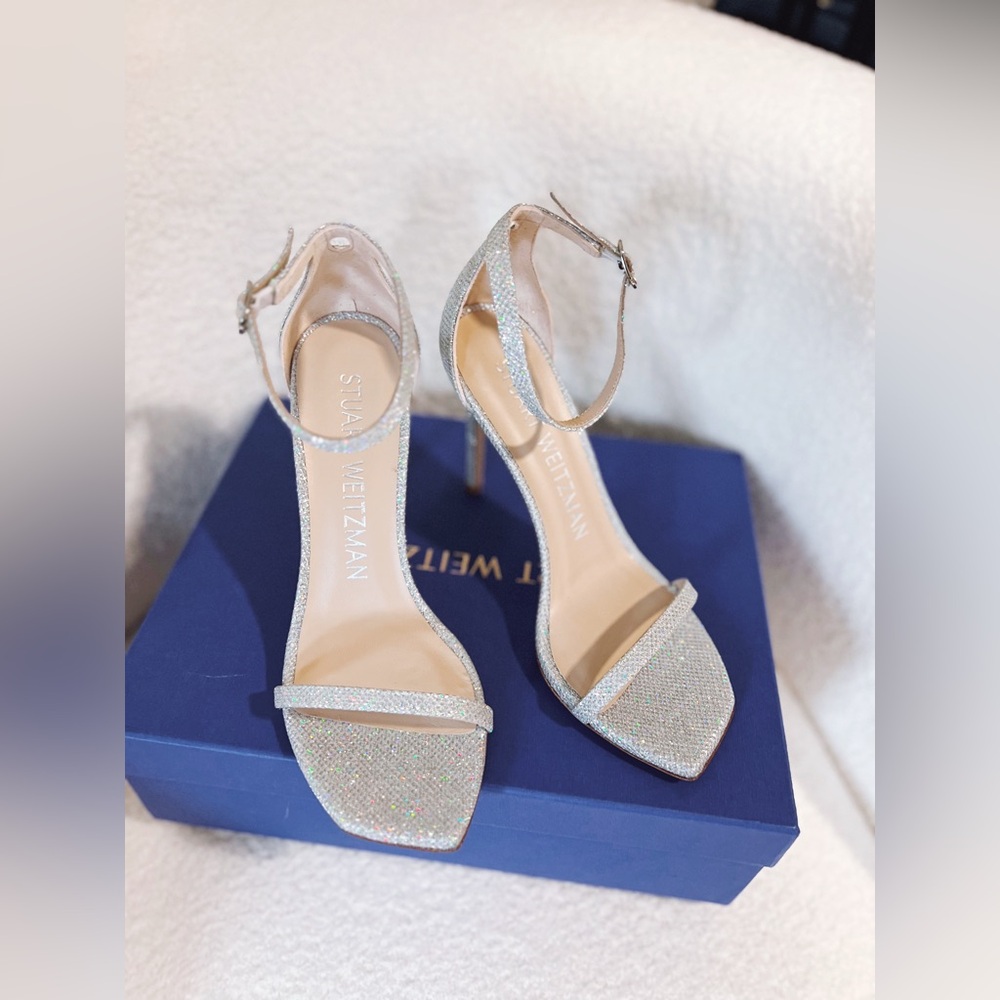 Stuart Weitzman nudistcurve sz 8b NEW IN BOX Silver crystal Women's Heels
